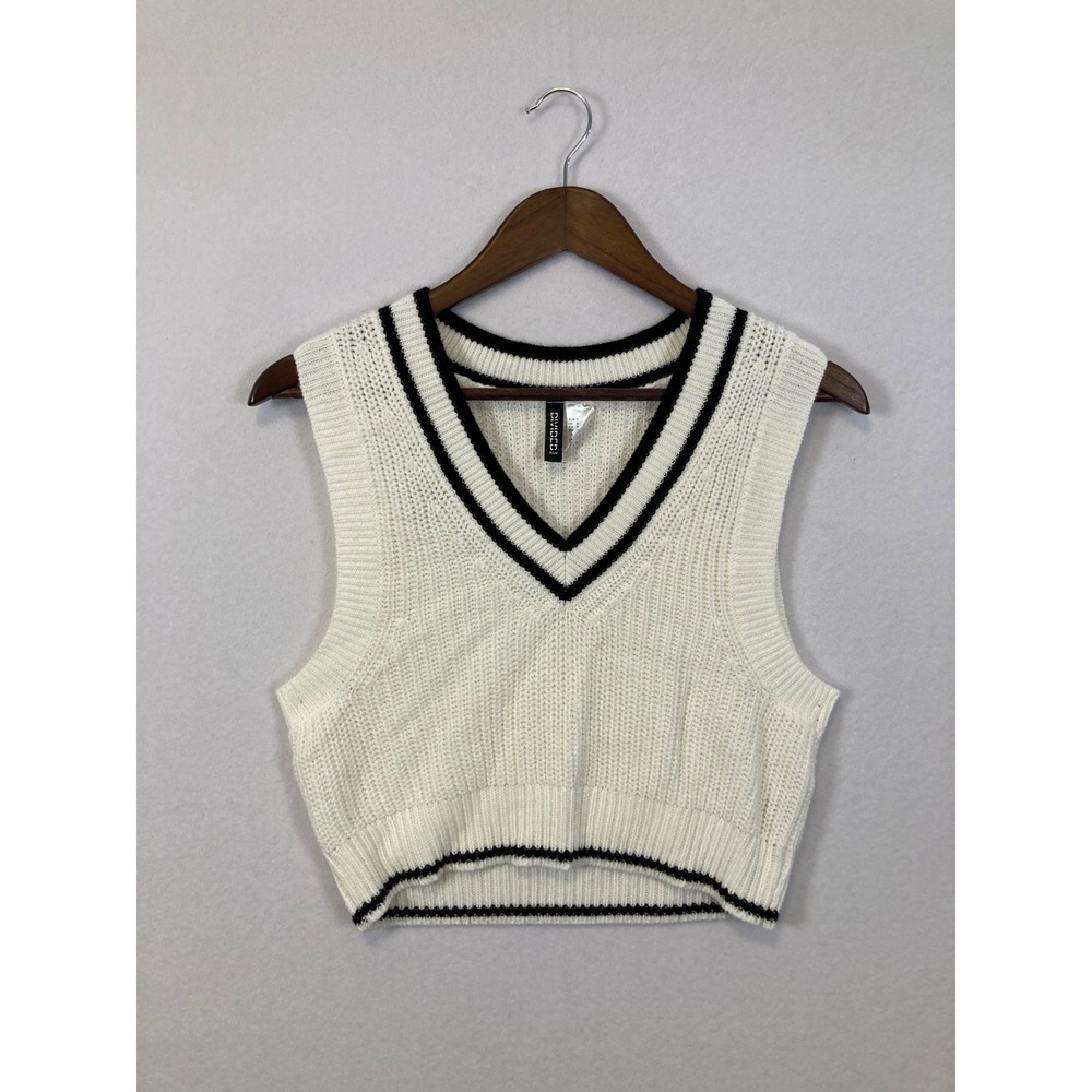 H&M Divided Sweater Vest Womens Small White Black V-Neck Cropped‎ Preppy Knit